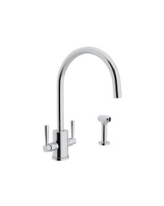 Rohl U.4312LS-APC-2 Holborn Perrin & Rowe Single Hole “C” Spout Kitchen Faucet With Round Body And Sidespray in Polished Chrome