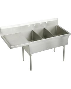 Elkay WNSF8354L4 Weldbilt Stainless Steel 79-1/2" x 27-1/2" x 14" Floor Mount, Triple Compartment Scullery Sink with Drainboard