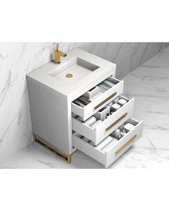Madeli B860-30-001-LC-WH-PC Estate 30" Width Vanity Cabinet Base in White with Polished Chrome Hardware and C-Base Feet (Vanity Top Sold Separately)
