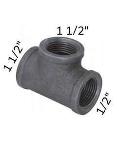 1 1/2" x 1/2" x 1 1/2" Black Malleable Tee Reducing