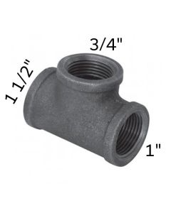 1 1/2" x 1" x 3/4" Black Malleable Tee Reducing