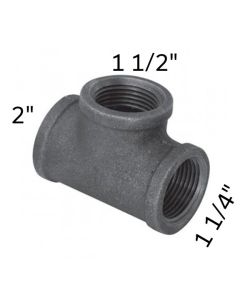 2" x 1 1/4" x 1 1/2" Black Malleable Tee Reducing