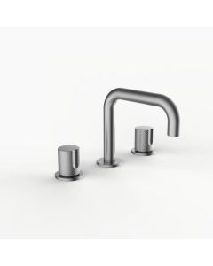 Davinci D02-S3K-100-SN Program 1.0 Deck Mounted Three Hole Lavatory Faucet with 90 Degree Spout with Tall Knob Handles, Knurled in Satin Nickel 