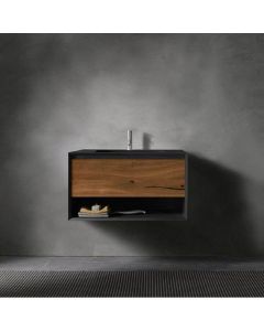 Blu Bathworks FXV2-0700-04M 45° Fenix Wall Mounted Vanity Frame with Integrated Basin in Black Matte with Single Drawer and Open Bottom Shelf (Drawer Panel Sold Separately)