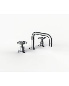Davinci GAN-IND-100-5-PC Gotham Deck Mounted Three Hole Lavatory Faucet with Short Right Angle Spout with Base and Industrial Wheel Style Handles in Polished Chrome