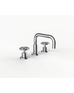 Davinci GAN-IND-100-PC Gotham Deck Mounted Three Hole Lavatory Faucet with Right Angle Spout with Base and Industrial Wheel Style Handles in Polished Chrome
