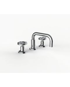 Davinci GAN-MOM-100-5-PC Gotham Deck Mounted Three Hole Lavatory Faucet with Short Right Angle Spout with Base and Momentum Wheel Style Handles in Polished Chrome