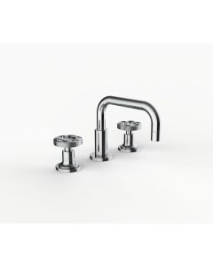 Davinci GAN-MOM-100-PC Gotham Deck Mounted Three Hole Lavatory Faucet with Right Angle Spout with Base and Momentum Wheel Style Handles in Polished Chrome