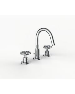 Davinci GOT-IND-100-PC Gotham Deck Mounted Three Hole Lavatory Faucet with Arc Spout with Base with Industrial Wheel Style Handles in Polished Chrome