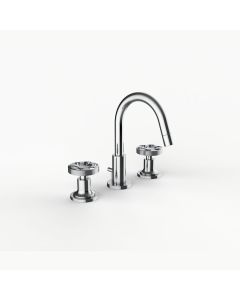 Davinci GOT-MOM-100-PC Deck Mounted Gotham Three Hole Lavatory Faucet with Arc Spout with Base and Momentum Wheel Style Handles in Polished Chrome