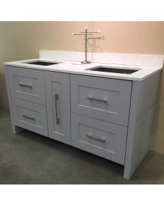 MADELI 60X22 DOUBLE SINK VANITY W/ TOP WHISPER GREY WITH CHROME HARDWARE - LITLE DAMAGE SEE PICTURES  