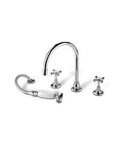 Barber Wilson RFC1040-SN 4 Hole Kitchen Faucet 8" Swan Neck Swivel Spout with Hand Spray in Satin Nickel
