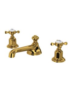 Rohl U.3706X-ULB-2 Edwardian Low Level Spout Widespread Bathroom Faucet with Cross Handle in Unlacquered Brass
