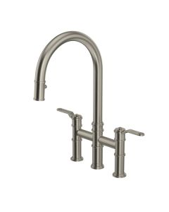 Rohl U.4549HT-STN-2 Perrin Rowe Armstrong Pull Down Bridge Kitchen Faucet with C-Spout in Polished Chrome