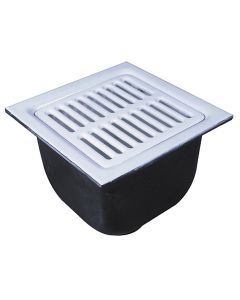 Watts FS-744, Floor Sink, 4" Pipe, No Hub, 12" Square x 8" Deep Porcelain Enamel Coated Cast Iron Grate, Dome Bottom Strainer, No Hub