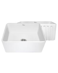 Whitehaus WHFLPLN2418-WHITE Farmhaus Fireclay Reversible Series Sink with Smooth Front Apron On One Side and a Fluted Front Apron on the Opposite, White Finish