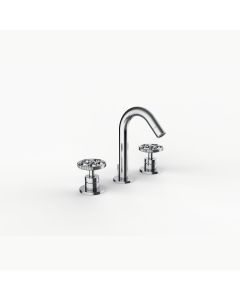 Davinci ZEN-IND-100-PC Gotham Deck Mounted Three Hole Lavatory Faucet with Arc Spout with Industrial Wheel Style Handles in Polished Chrome
