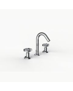 Davinci ZEN-MOM-100-PC Gotham Deck Mounted Three Hole Lavatory Faucet with Arc Spout with Momentum Wheel Style Handles in Polished Chrome