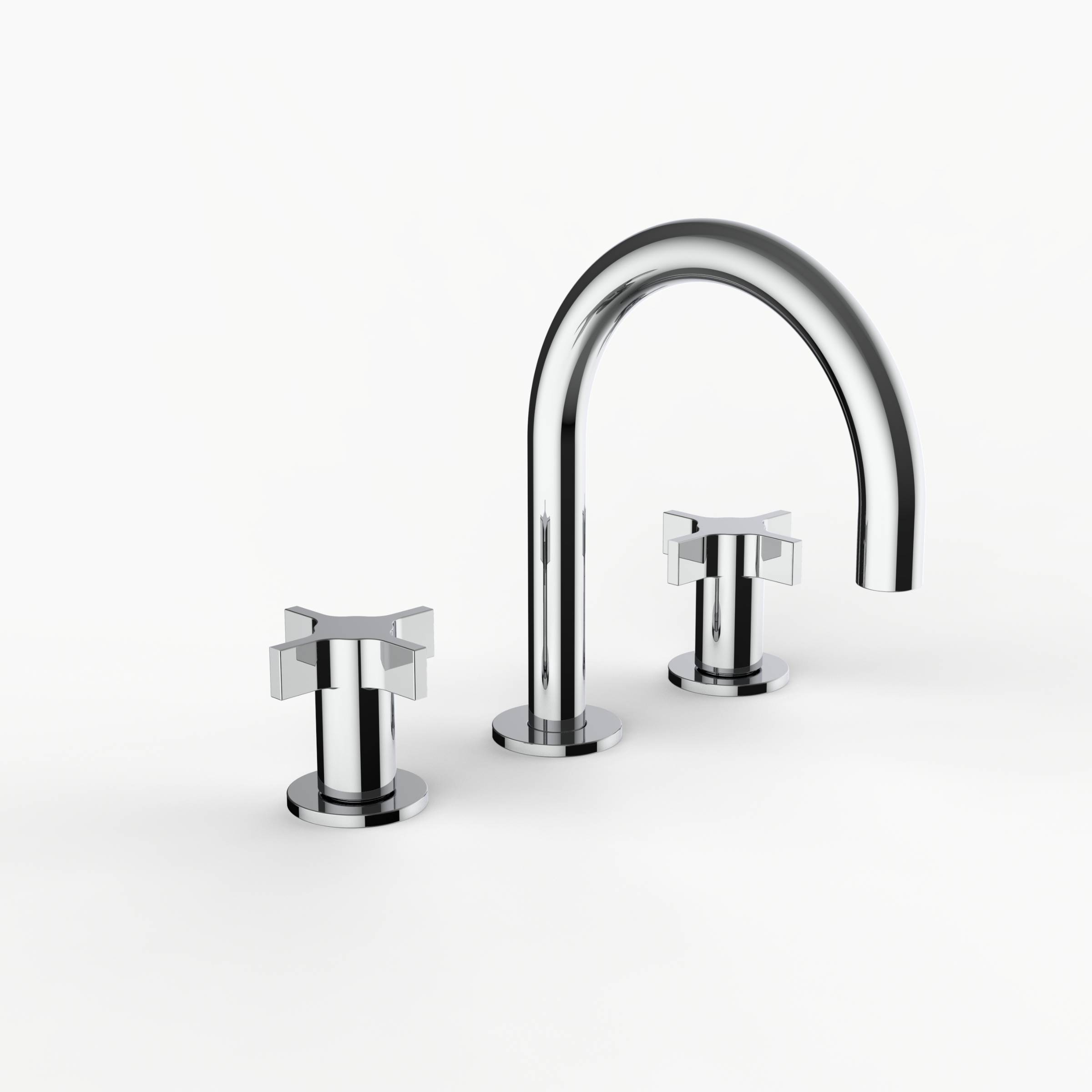 Davinci D01-H07-100-PC Program 1.0 Deck Mounted Three Hole Lavatory Faucet with Gooseneck Spout with Cross Handles in Polished Chrome
