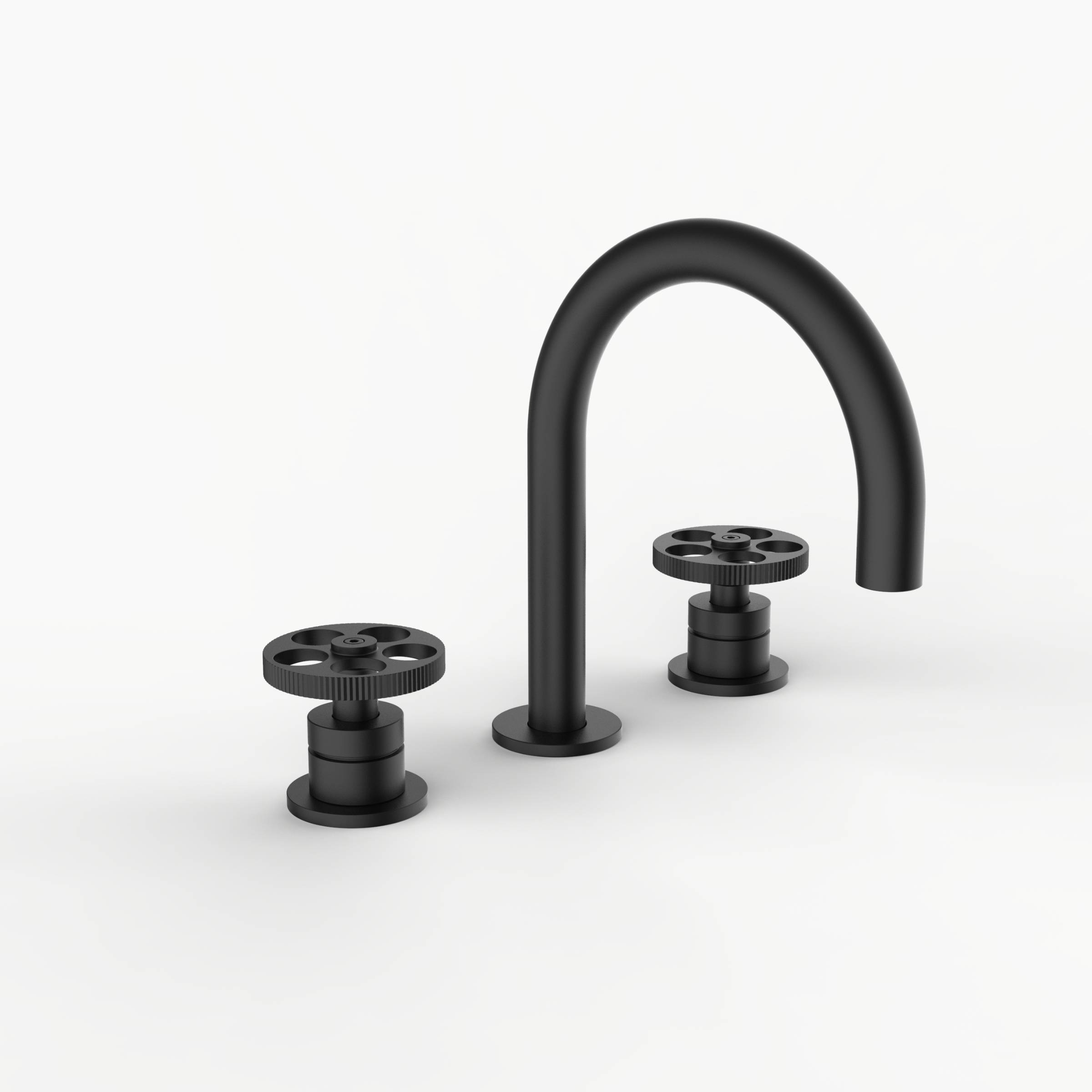 Davinci D01-H14-100-G-MB Program 1.1 Deck Mounted, Three Hole Lavatory Faucet with Arc Spout with 16Mm Stem Handles On Groove Base in Matte Black