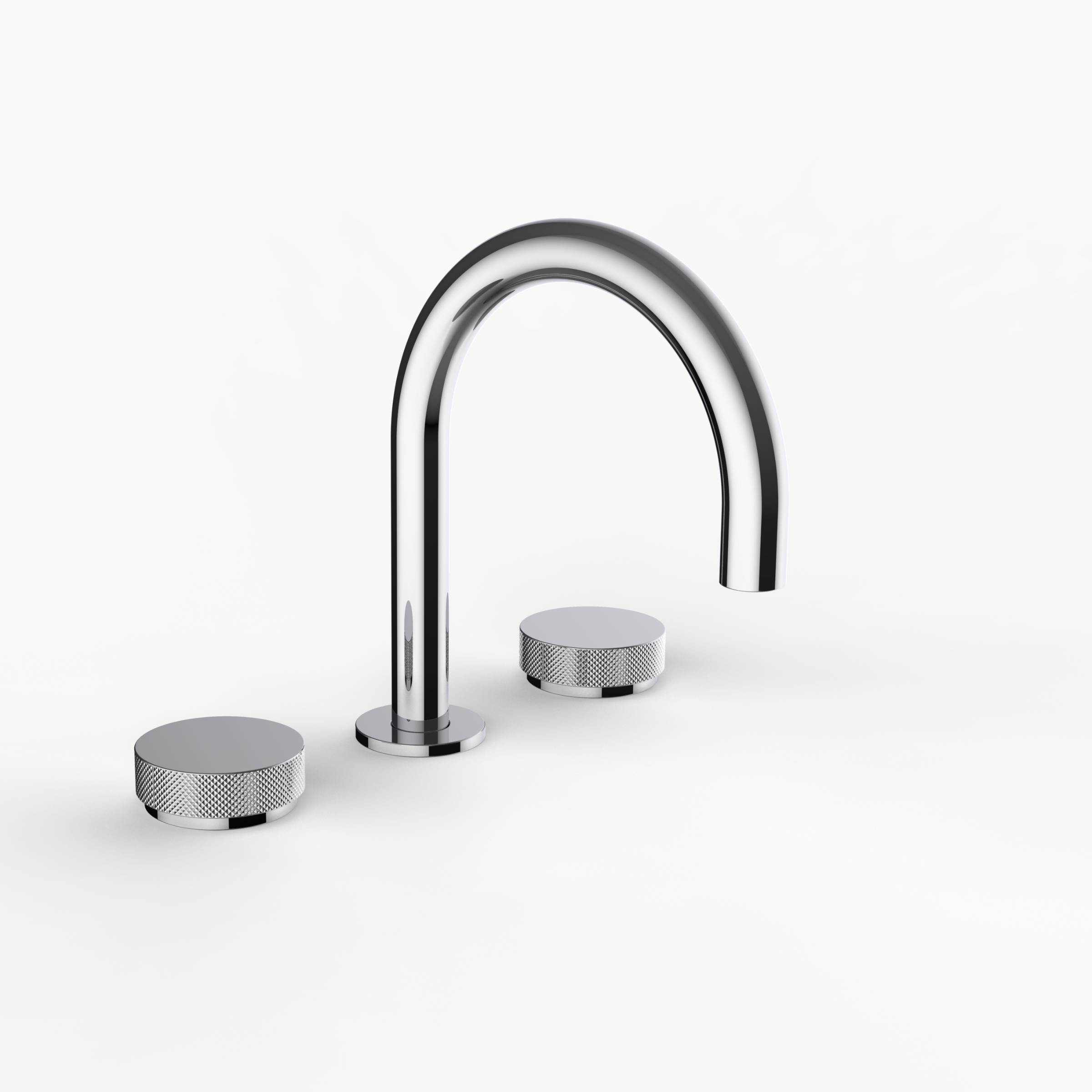 Davinci D01-H16-100-PC Program 1.0 Deck Mounted Three Hole Lavatory Faucet with Gooseneck Spout with Disk Knob Handles, Knurled in Polished Chrome