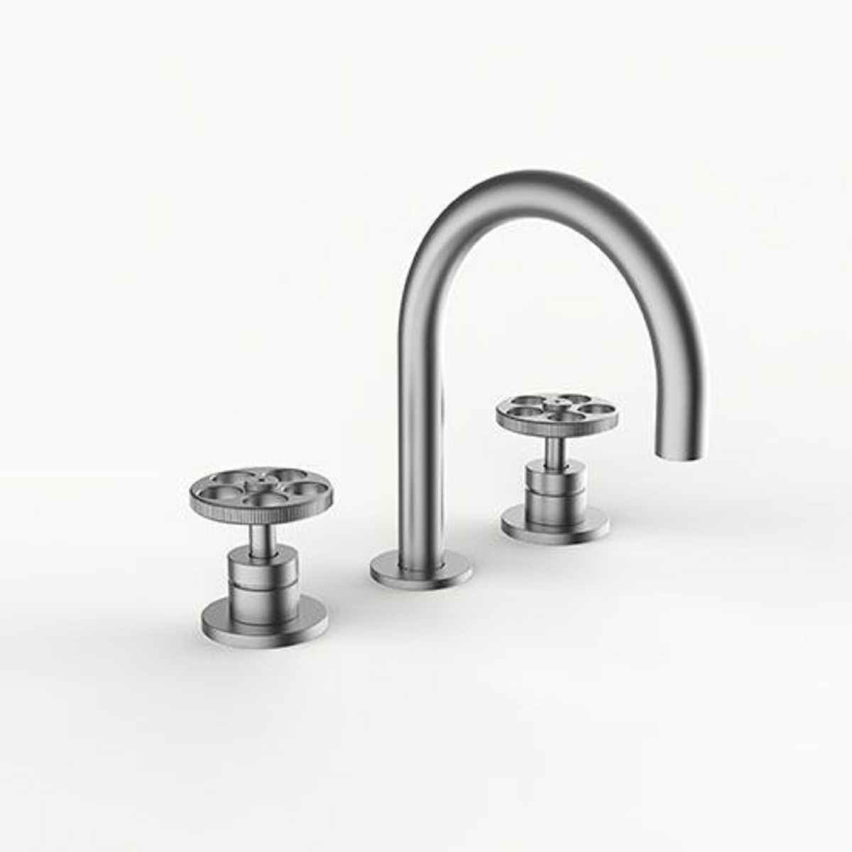 Davinci D01-IND-100-SN Program 1.1 Deck Mounted, Three Hole Lavatory Faucet with Arc Spout with Industrial Wheel Stye Handles with Flange For Deck in Satin Nickel