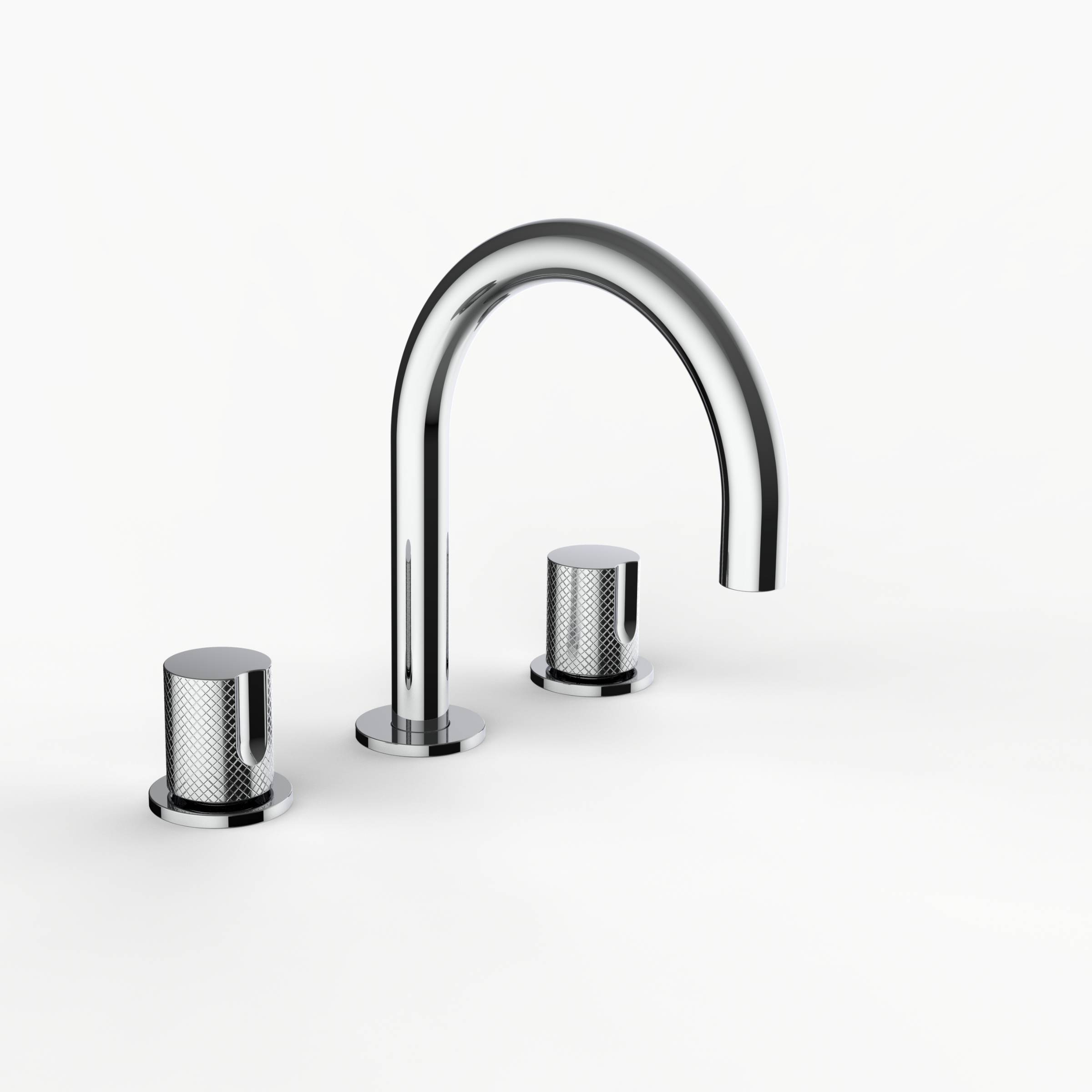 Davinci D01-S3K-100-PC Program 1.0 Deck Mounted Three Hole Lavatory Faucet with Gooseneck Spout with Tall Knob Handles, Knurled in Polished Chrome