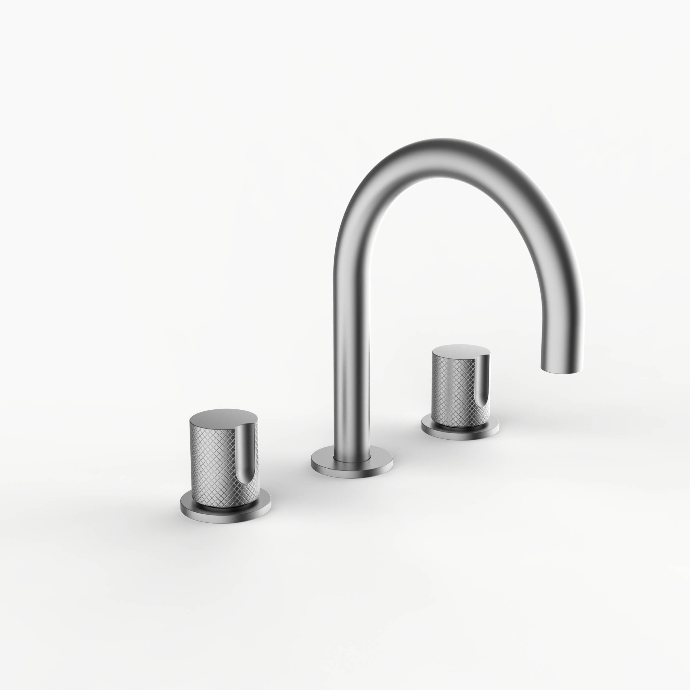 Davinci D01-S3K-100-SN Program 1.0 Deck Mounted Three Hole Lavatory Faucet with Gooseneck Spout with Tall Knob Handles, Knurled in Satin Nickel 