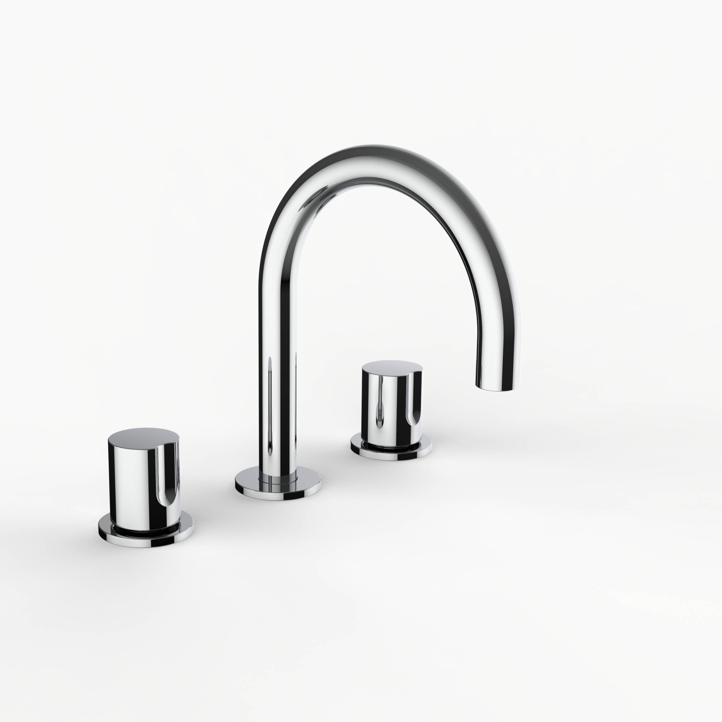 Davinci D01-S3S-100-PC Program 1.0 Deck Mounted Three Hole Lavatory Faucet with Gooseneck Spout with Tall Knob Handles, Smooth in Polished Chrome