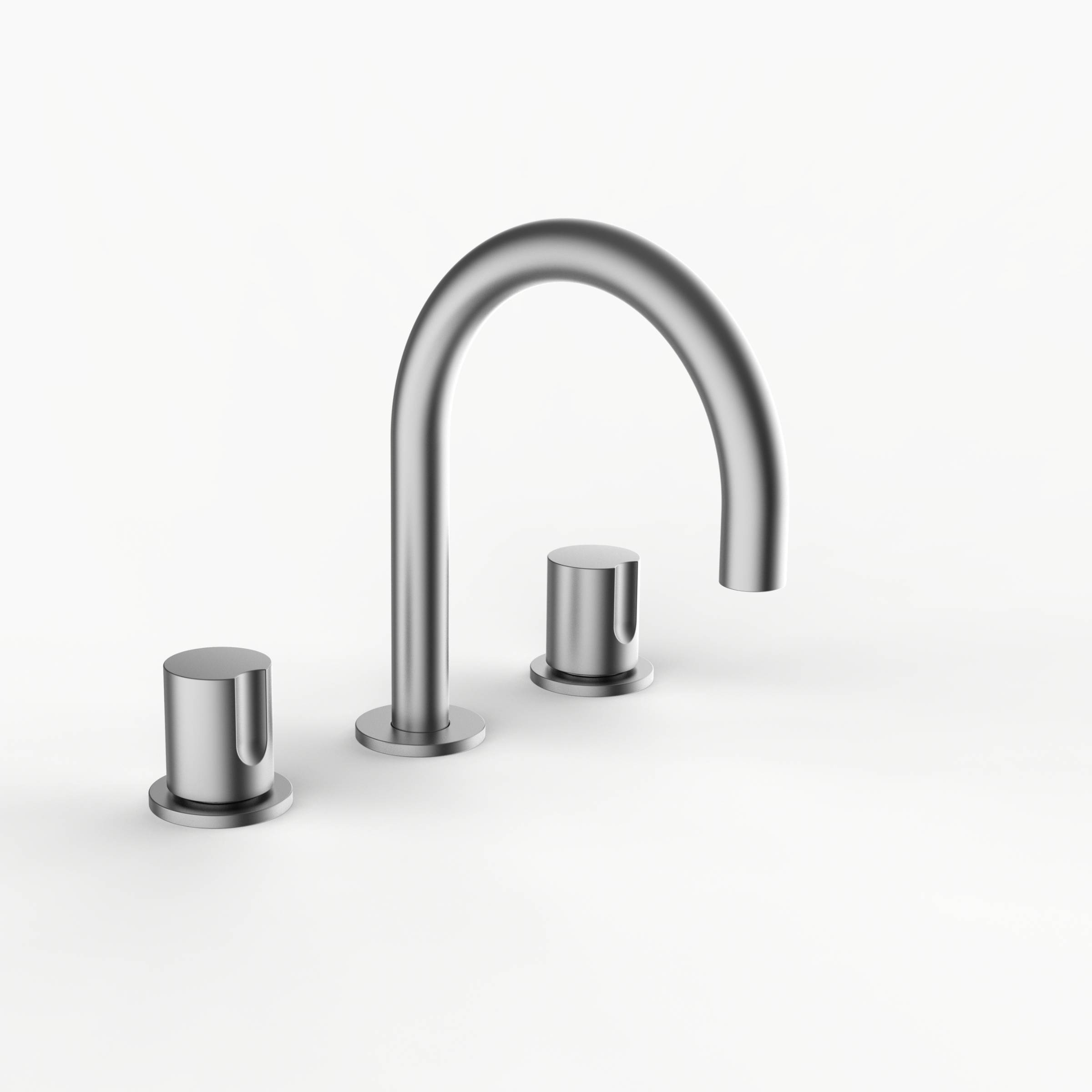 Davinci D01-S3S-100- SN Program 1.0 Deck Mounted Three Hole Lavatory Faucet with Gooseneck Spout with Tall Knob Handles, Smooth in Satin Nickel 
