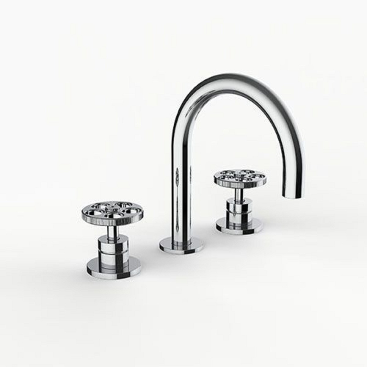 Davinci D01-IND-100-PC Program 1.1 Deck Mounted, Three Hole Lavatory Faucet with Arc Spout with Industrial Wheel Stye Handles with Flange For Deck in Polished Chrome
