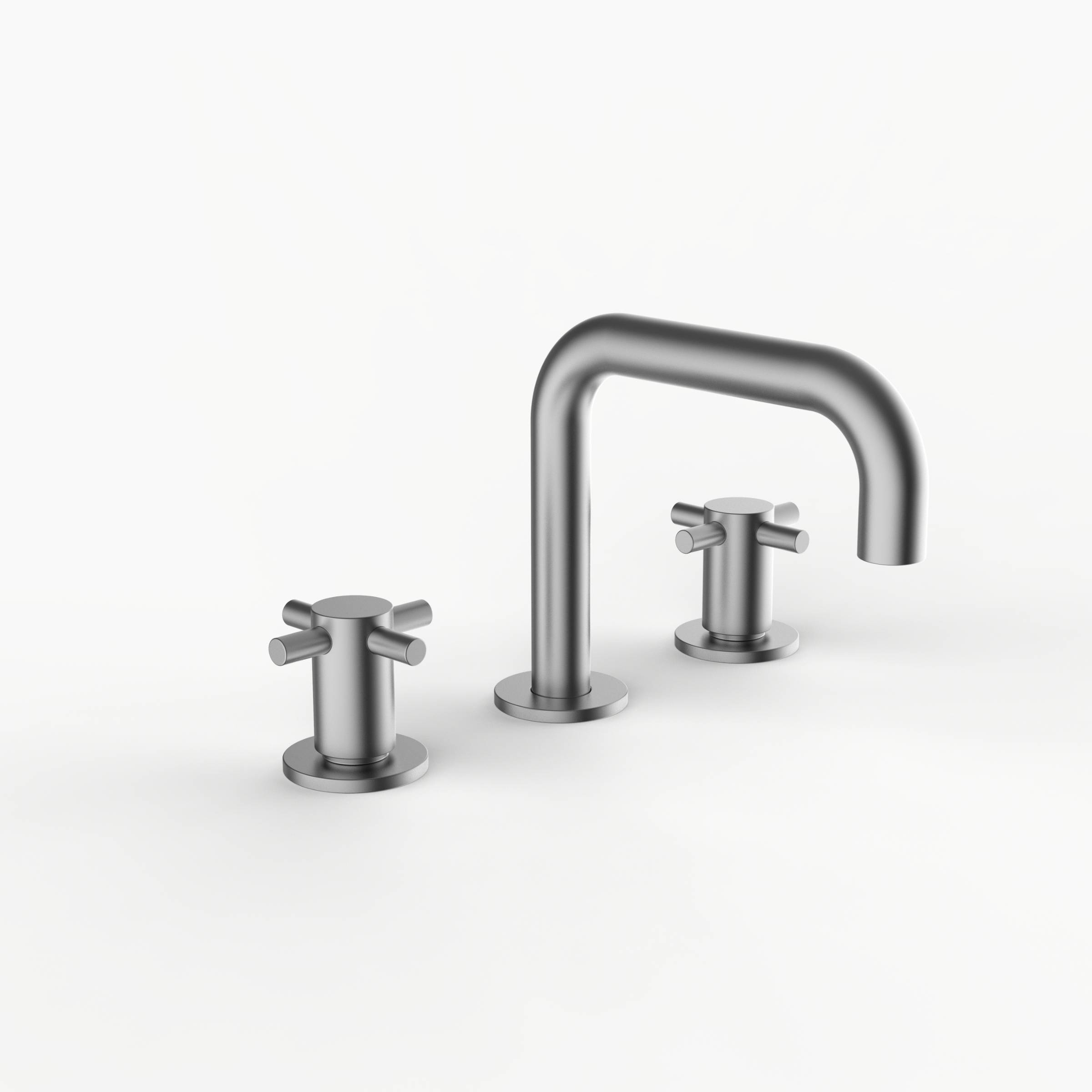 Davinci D02-H06-100-SN Program 1.0 Deck Mounted Three Hole Lavatory Faucet with 90 Degree Spout with Cross Handles in Satin Nickel 
