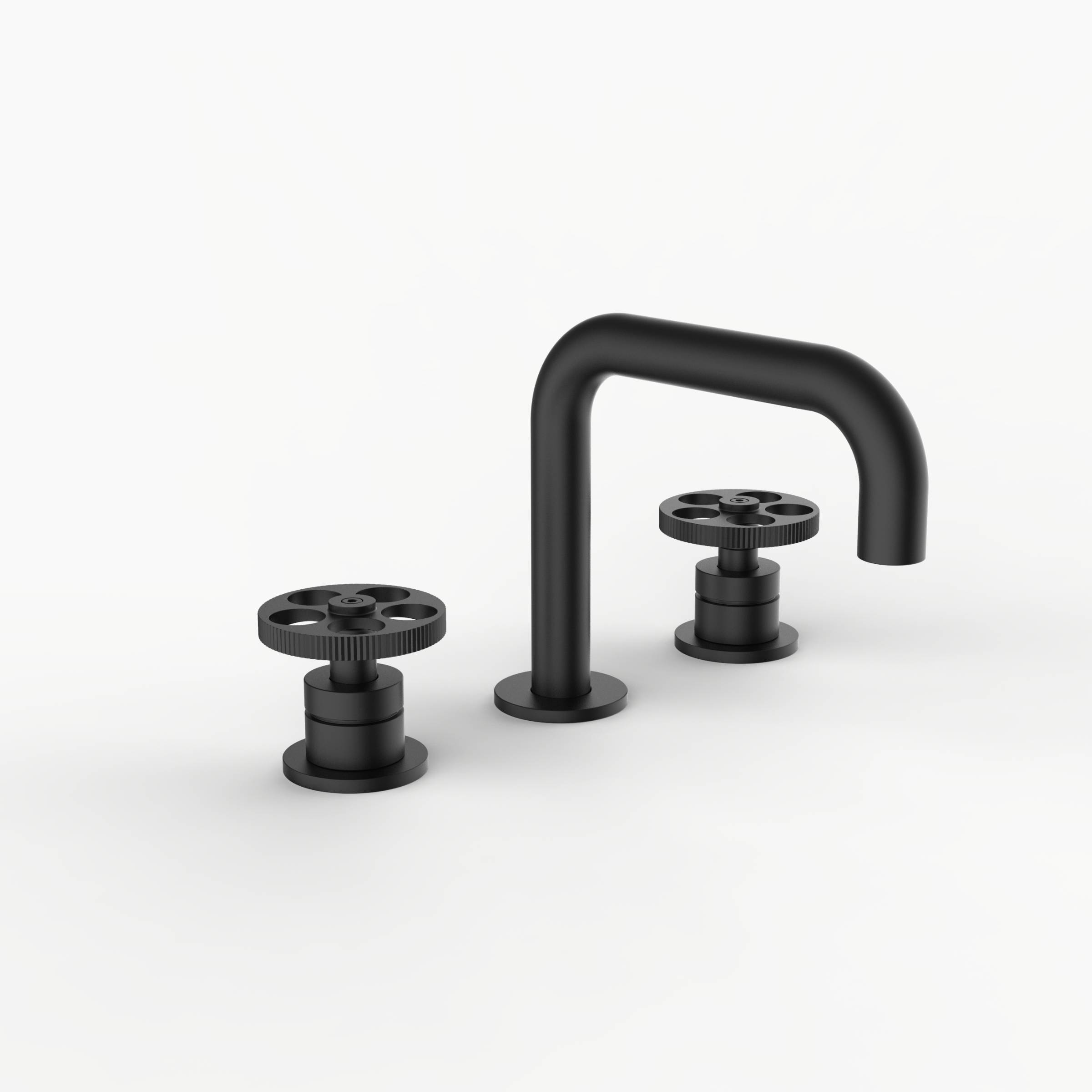 Davinci D02-H14-100-G-MB Program 1.1 Deck Mounted, Three Hole Lavatory Faucet with Right Angle Spout with Knurled Wheel Handles On Groove Base in Matte Black