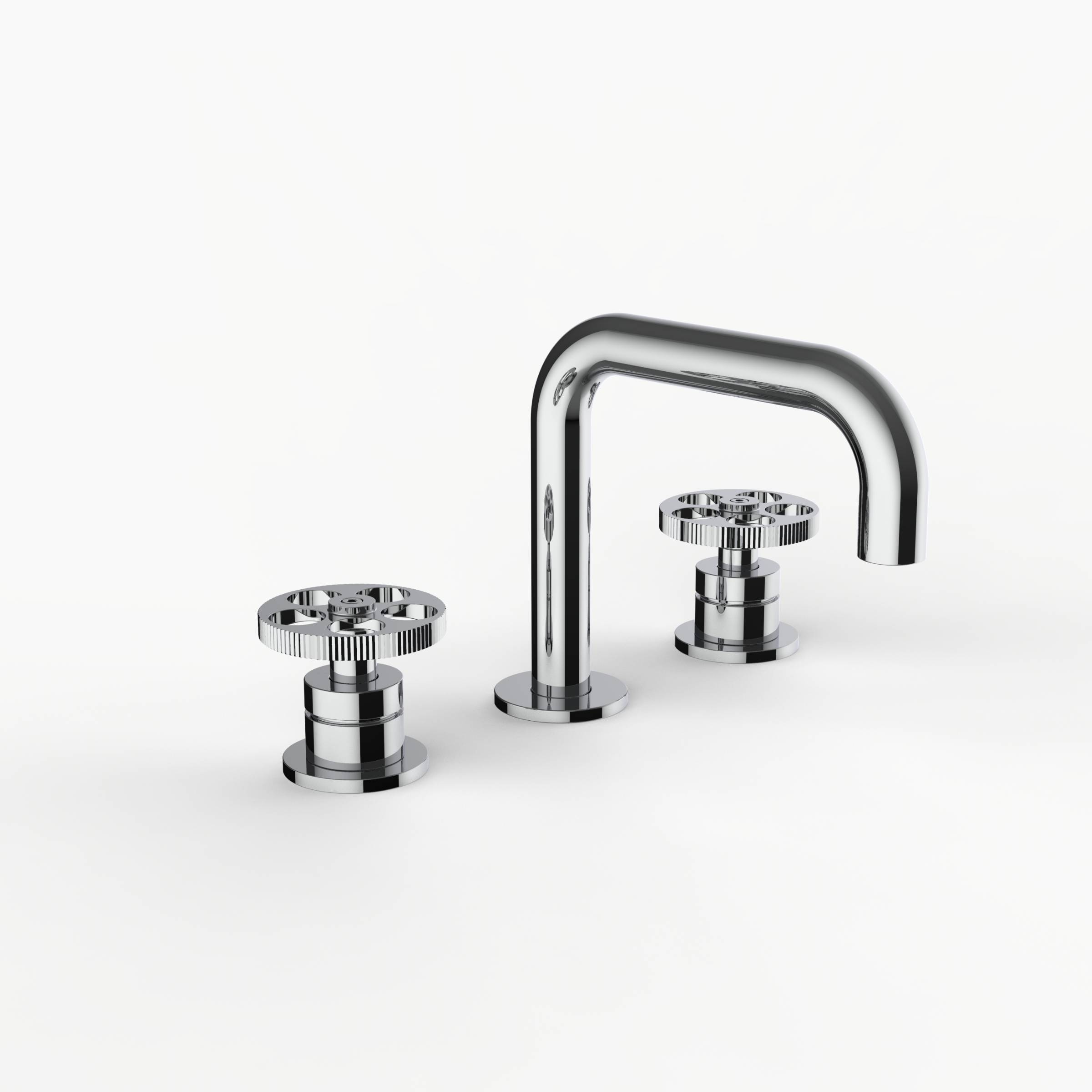 Davinci D02-H14-100-G-PC Program 1.1 Deck Mounted, Three Hole Lavatory Faucet with Right Angle Spout with Knurled Wheel Handles On Groove Base in Polished Chrome
