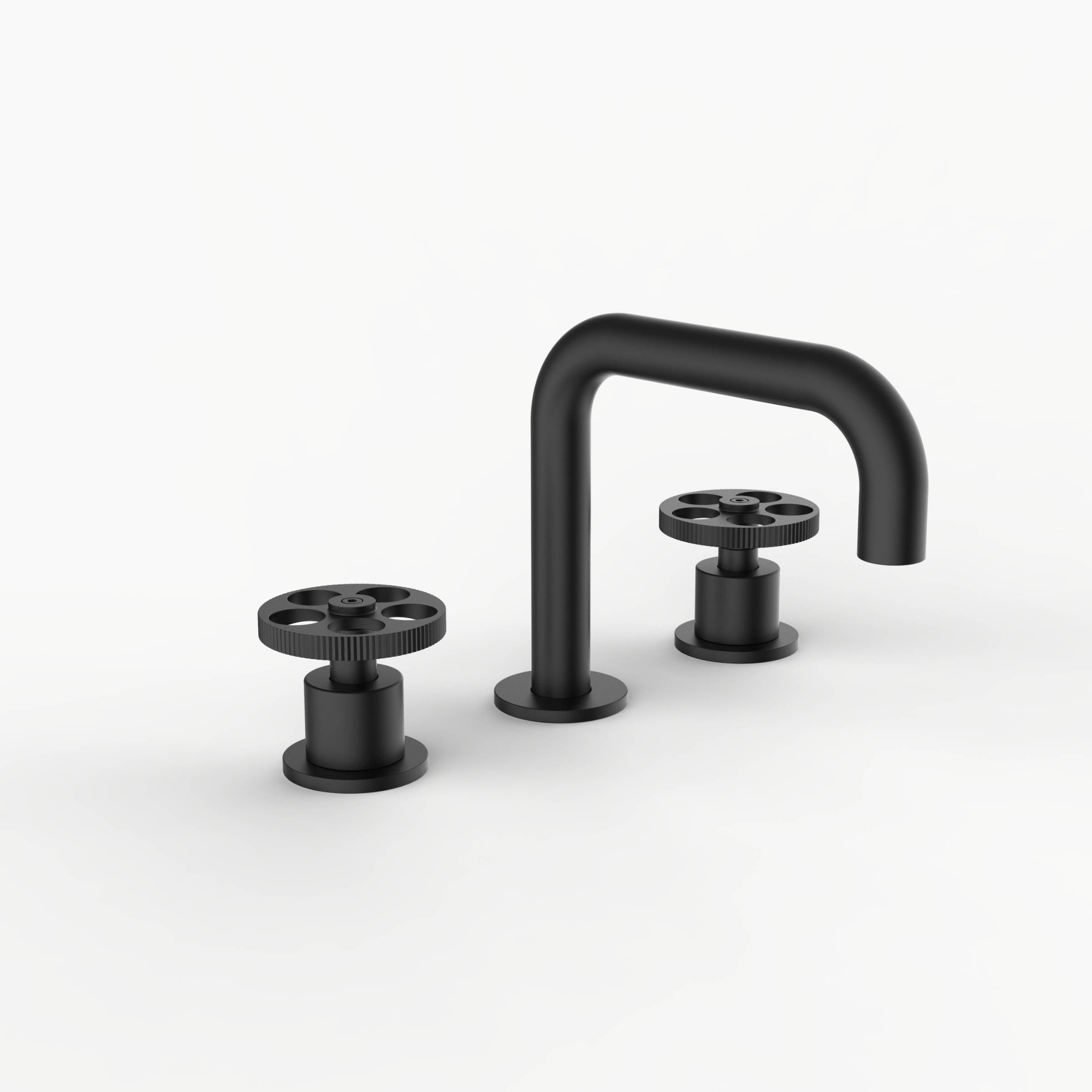 Davinci D02-H14-100-S-MB Program 1.1 Deck Mounted, Three Hole Lavatory Faucet with Right Angle Spout with Knurled Wheel Handles On Smooth Base in Matte Black