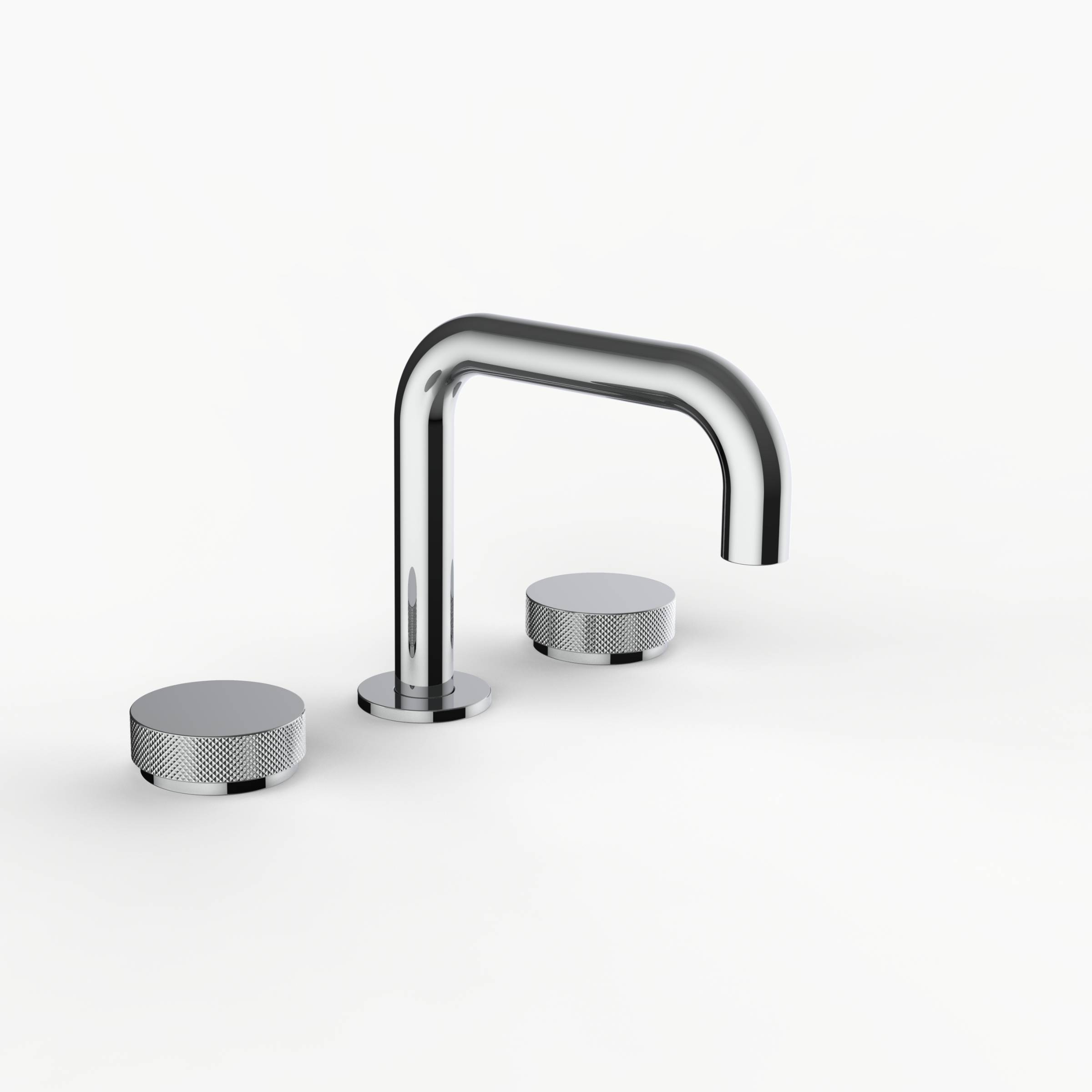 Davinci D02-H16-100-PC Program 1.0 Deck Mounted Three Hole Lavatory Faucet with 90 Degree Spout with Disk Knob Handles, Knurled in Polished Chrome