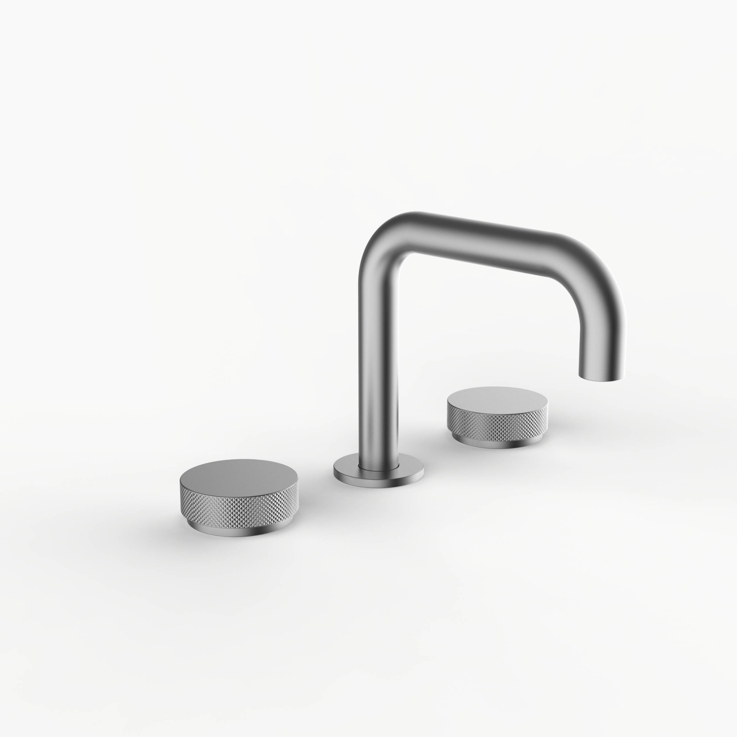 Davinci D02-H16-100-SN Program 1.0 Deck Mounted Three Hole Lavatory Faucet with 90 Degree Spout with Disk Knob Handles, Knurled in Satin Nickel 