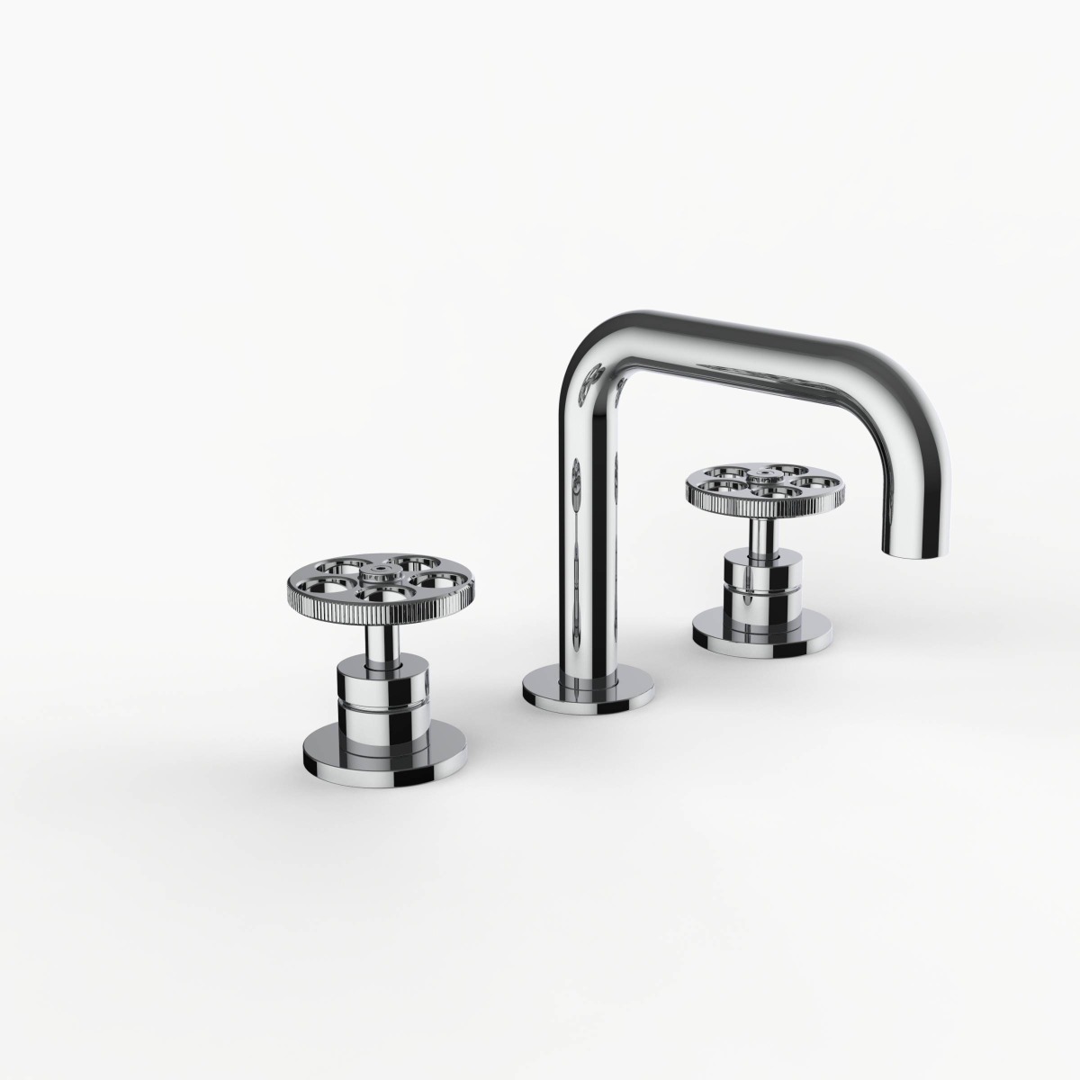 Davinci D02-IND-100-PC Program 1.1 Deck Mounted, Three Hole Lavatory Faucet with 90 Degree Spout with Knurled Wheel Handles in Polished Chrome