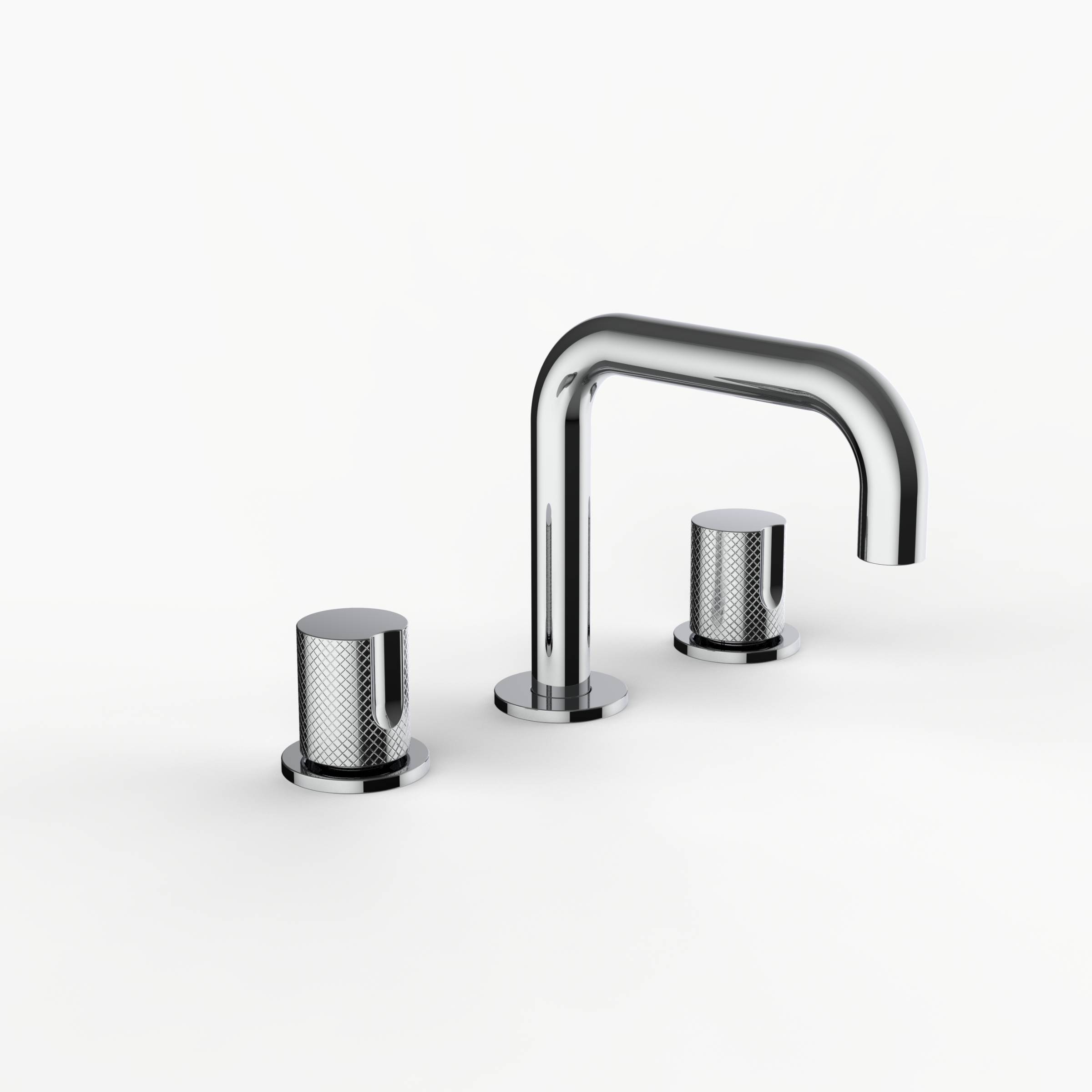 Davinci D02-S3K-100-PC Program 1.0 Deck Mounted Three Hole Lavatory Faucet with 90 Degree Spout with Tall Knob Handles, Knurled in Polished Chrome