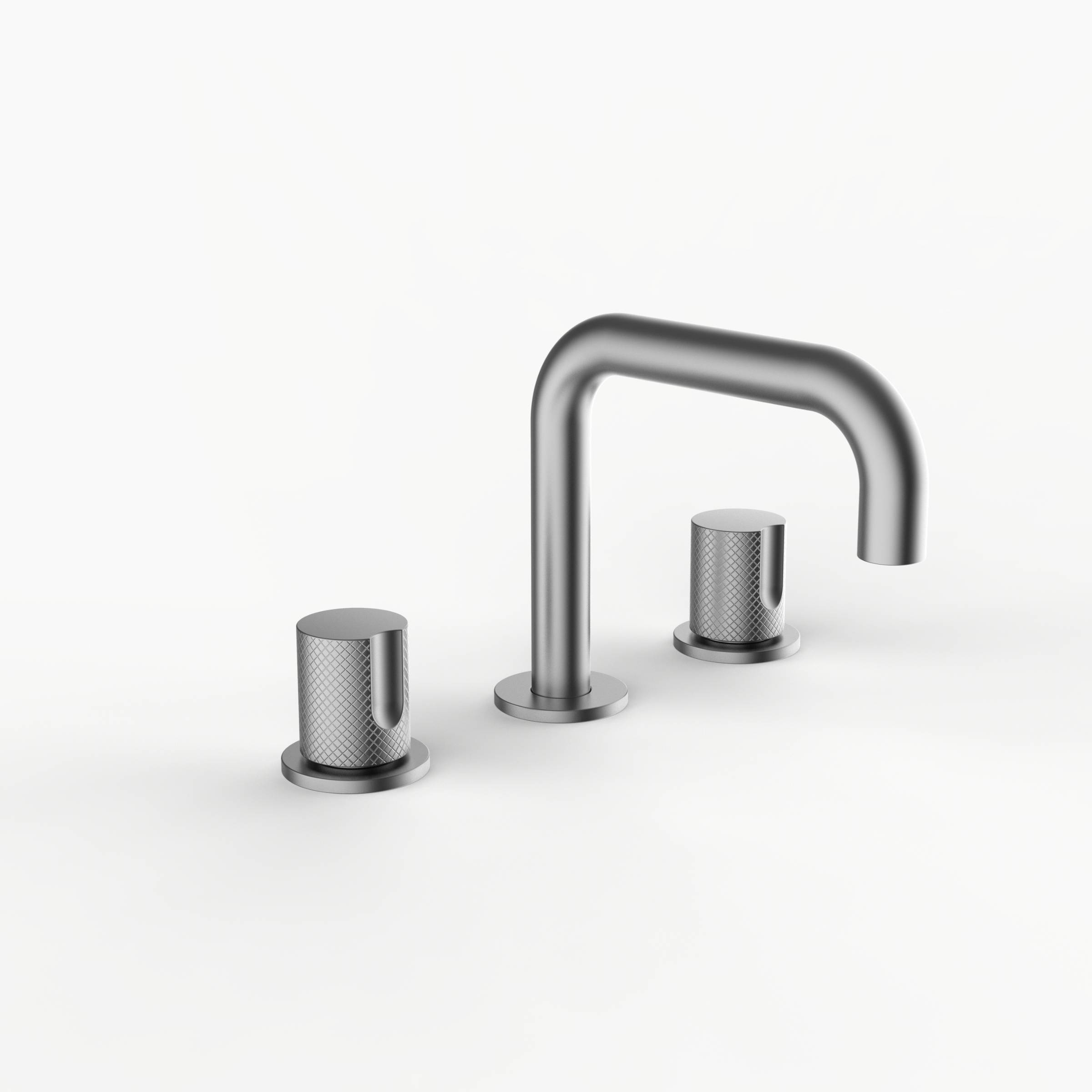 Davinci D02-S3K-100-SN Program 1.0 Deck Mounted Three Hole Lavatory Faucet with 90 Degree Spout with Tall Knob Handles, Knurled in Satin Nickel 