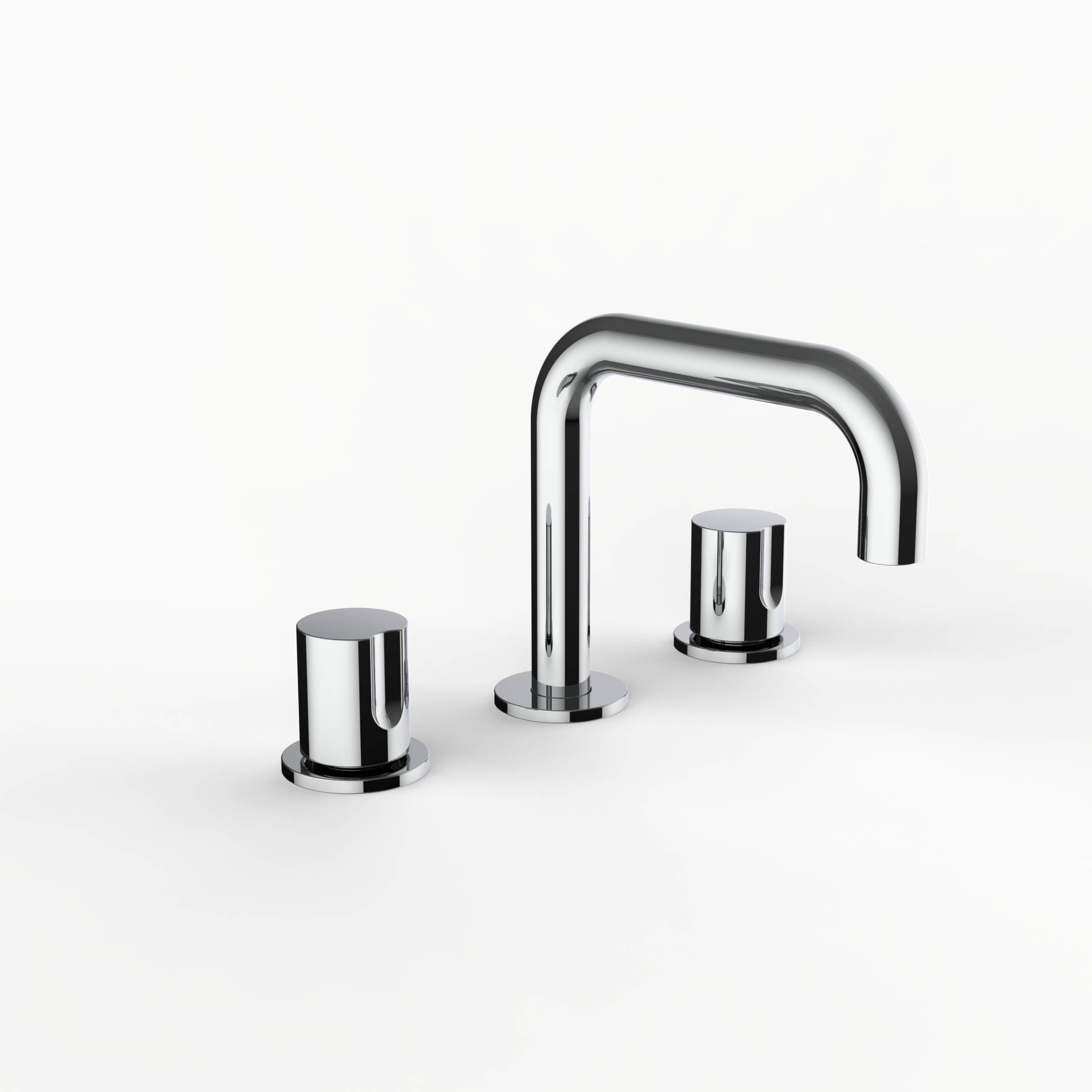 Davinci D02-S3S-100-PC Program 1.0 Deck Mounted Three Hole Lavatory Faucet with 90 Degree Spout with Tall Knob Handles, Smooth in Polished Chrome