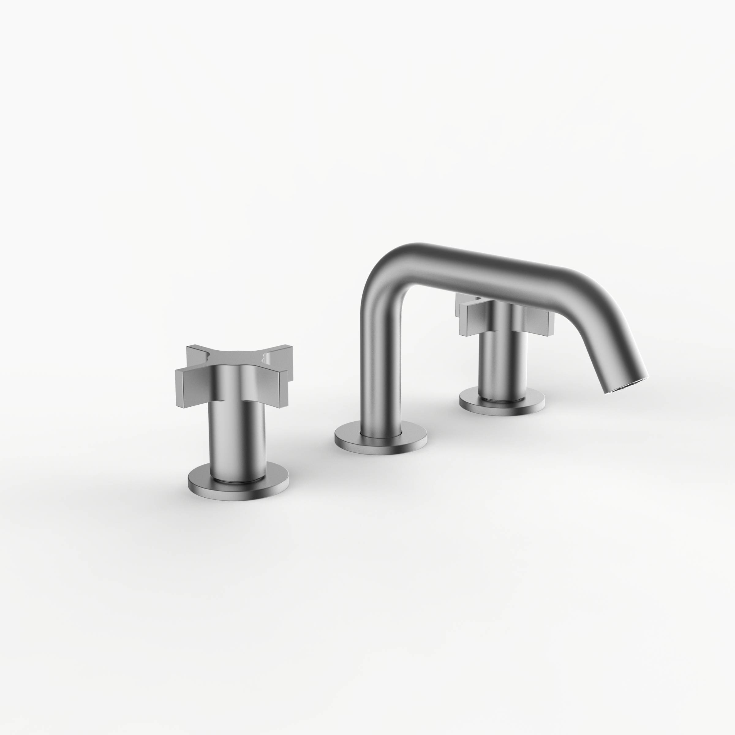 Davinci D03-H07-100-SN Program 1.0 Deck Mounted Three Hole Lavatory Faucet with Soft Angle Spout with Cross Handles in Satin Nickel 