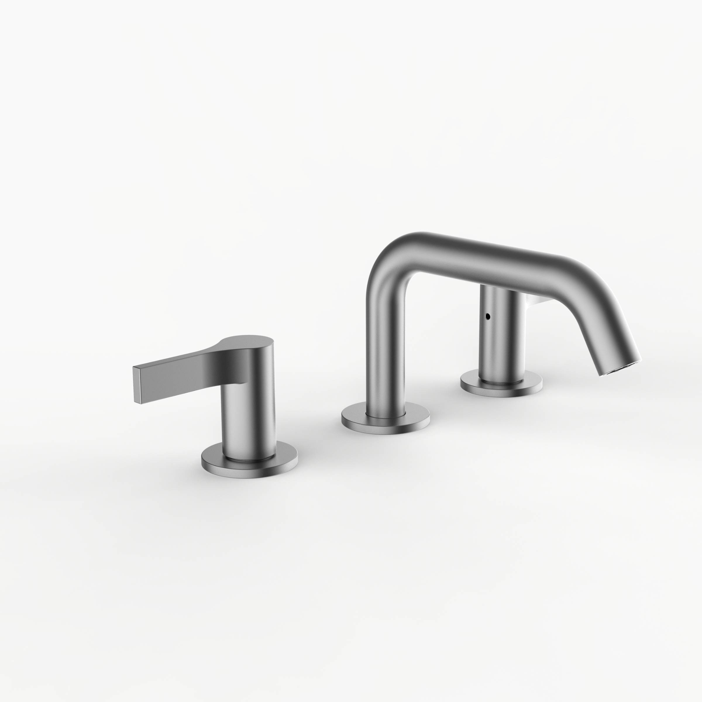 Davinci D03-H08-100-SN Program 1.0 Deck Mounted Three Hole Lavatory Faucet with Soft Angle Spout with Lever Handles in Satin Nickel 