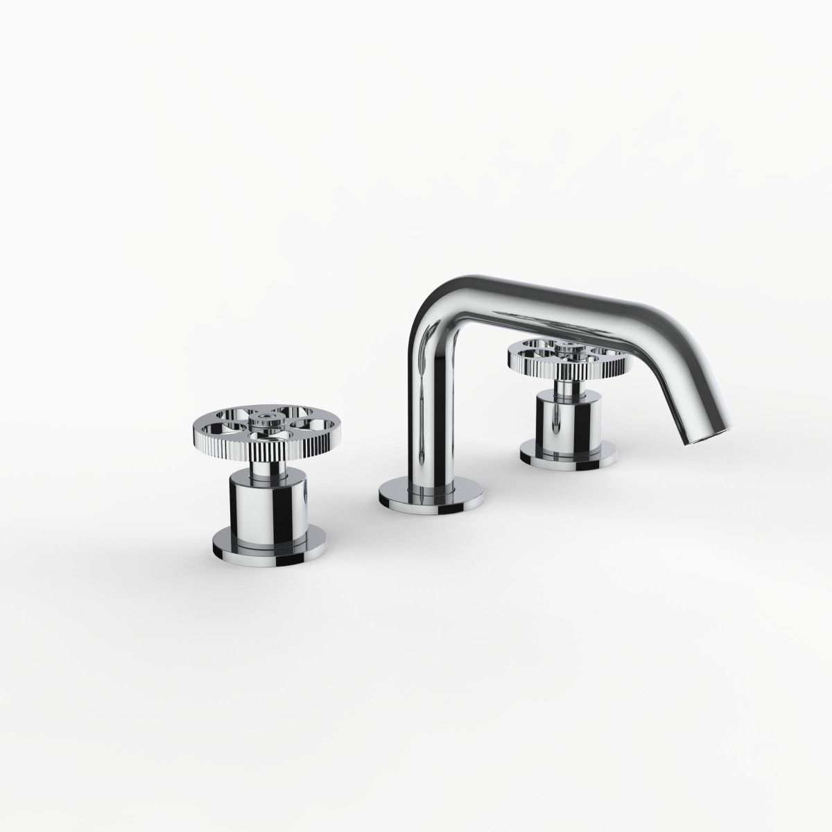 Davinci D03-H14-100-S-PC Program 1.1 Deck Mounted, Three Hole Lavatory Faucet with Soft Angle Spout with Knurled Wheel Handles On Smooth Base in Polished Chrome