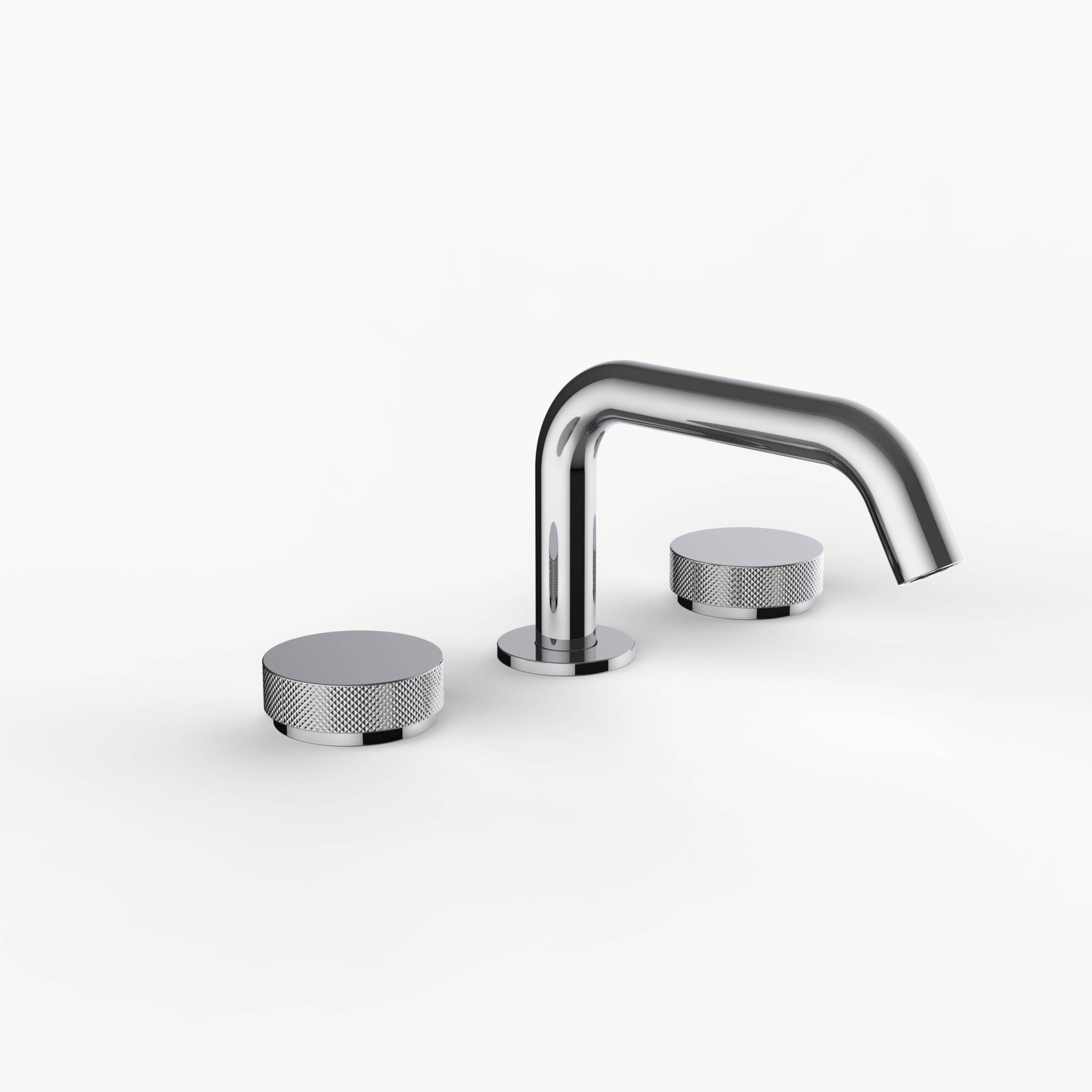 Davinci D03-H16-100-PC Program 1.0 Deck Mounted Three Hole Lavatory Faucet with Soft Angle Spout with Disk Knob Handles, Knurled in Polished Chrome