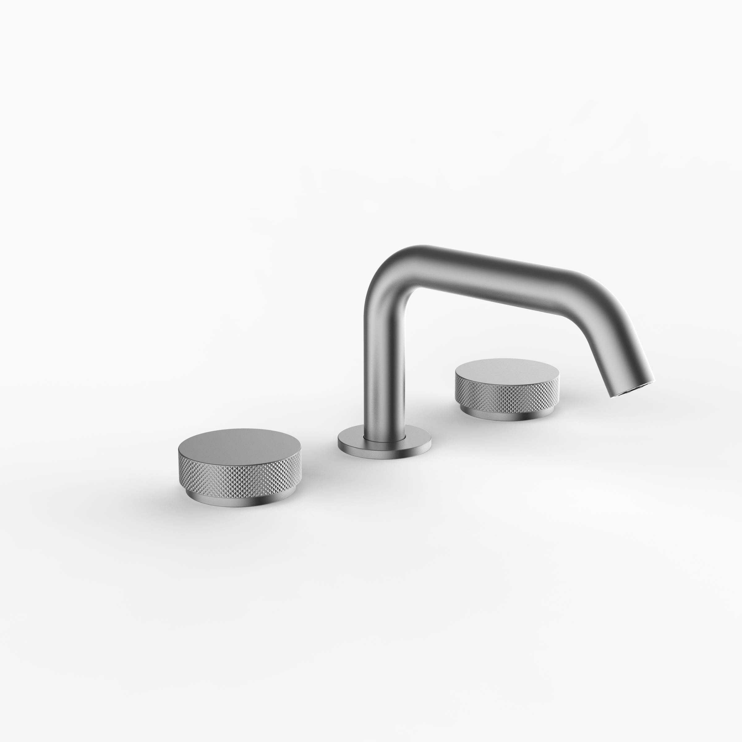 Davinci D03-H16-100-SN Program 1.0 Deck Mounted Three Hole Lavatory Faucet with Soft Angle Spout with Disk Knob Handles, Knurled in Satin Nickel 