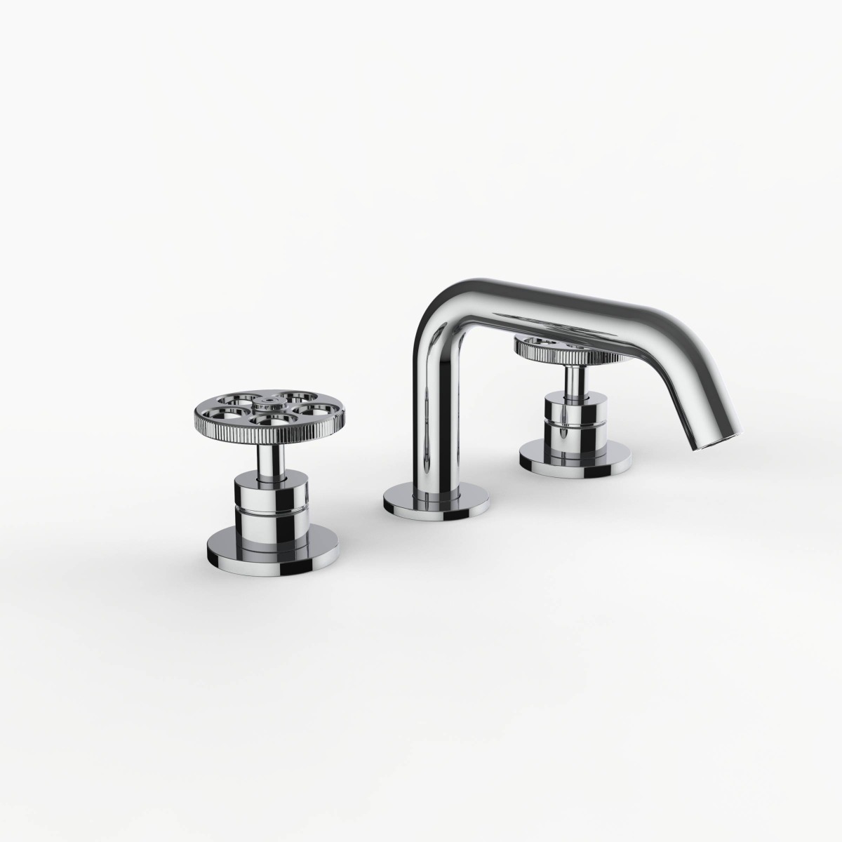 Davinci D03-IND-100-PC Program 1.1 Deck Mounted, Three Hole Lavatory Faucet with Soft Angle Spout with Knurled Wheel Handles in Polished Chrome