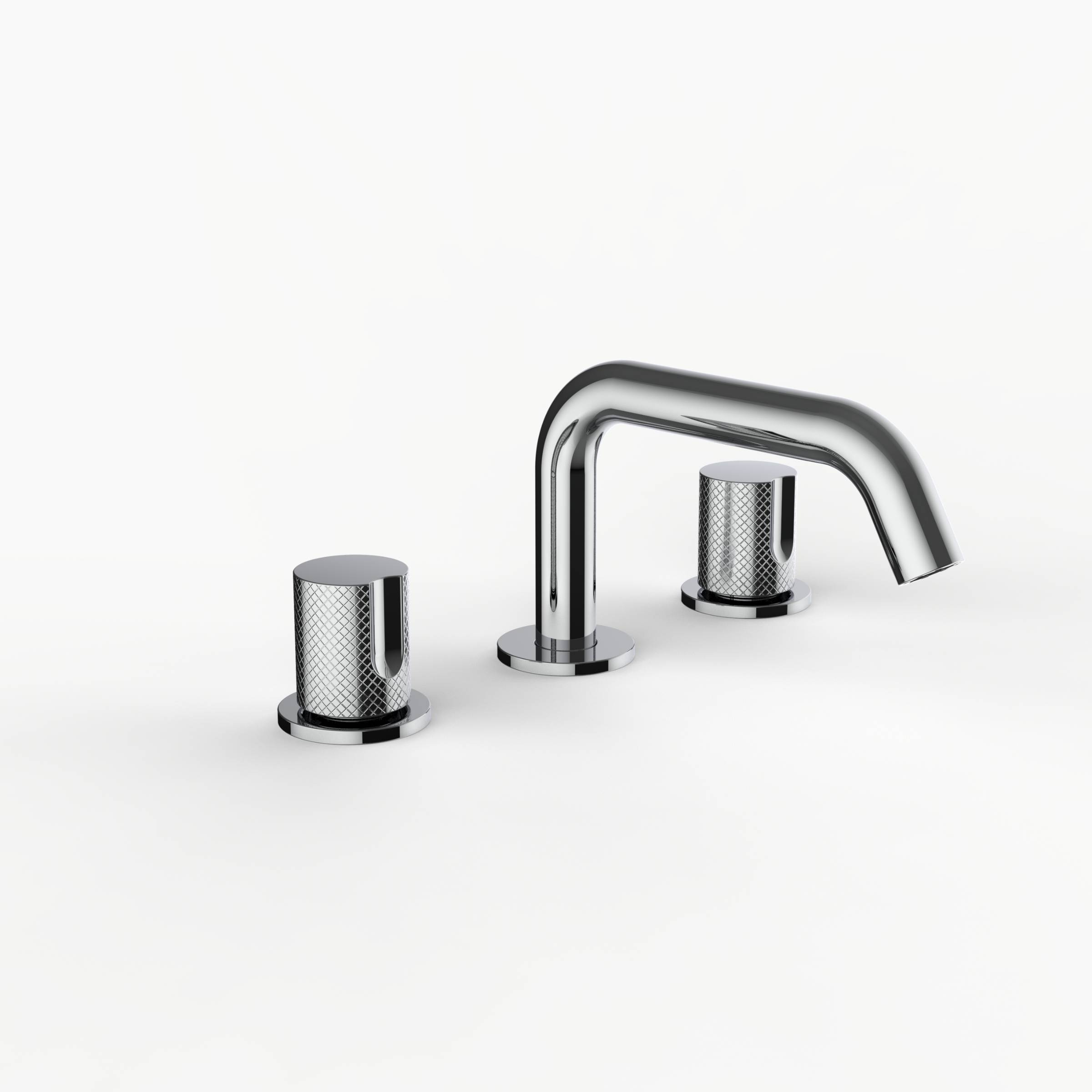 Davinci D03-S3K-100-PC Program 1.0 Deck Mounted, Three Hole Lavatory Faucet with Soft Angle Spout with Tall Knob Handles, Knurled in Polished Chrome