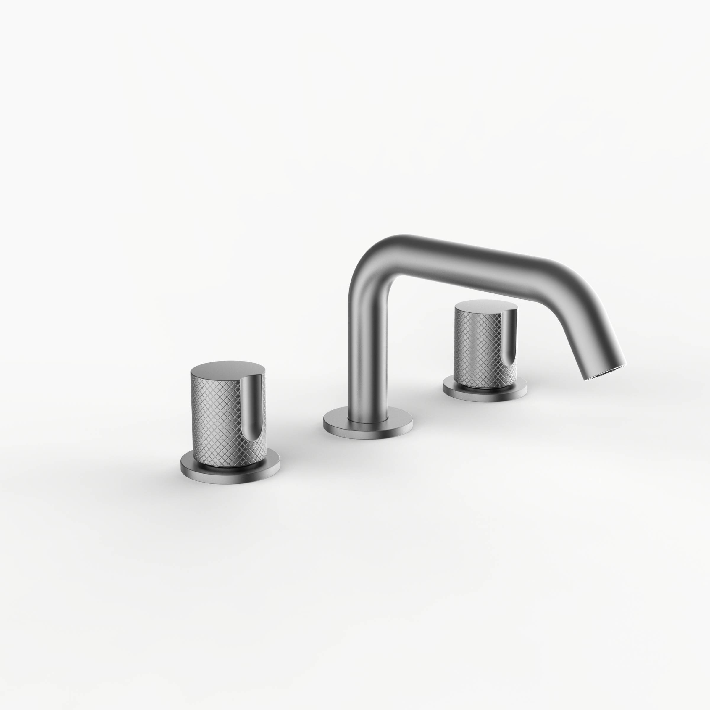 Davinci D03-S3K-100-SN Program 1.0 Deck Mounted, Three Hole Lavatory Faucet with Soft Angle Spout with Tall Knob Handles, Knurled in Satin Nickel