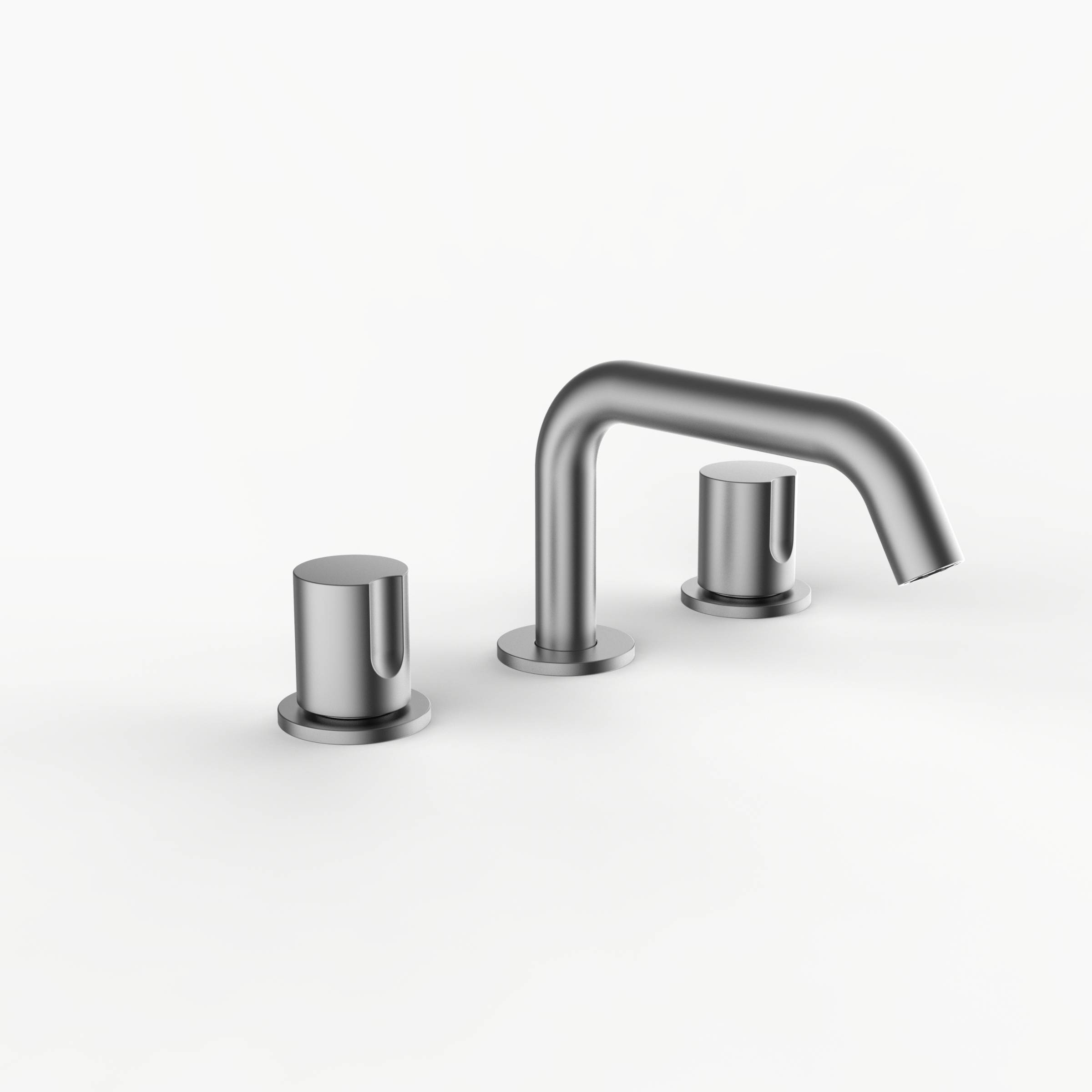 Davinci D03-S3S-100-SN Program 1.0 Deck Mounted, Three Hole Lavatory Faucet with Soft Angle Spout with Tall Knob Handles, Smooth in Satin Nickel